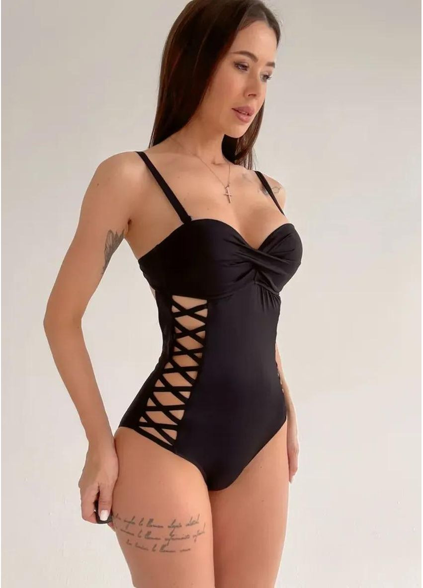 Черный демисезонный женский эффектный слитный купальник со шнуровкой по бокам стильные сплошные купальники с открытой спиной на завязке для женщин слитный Cindylove