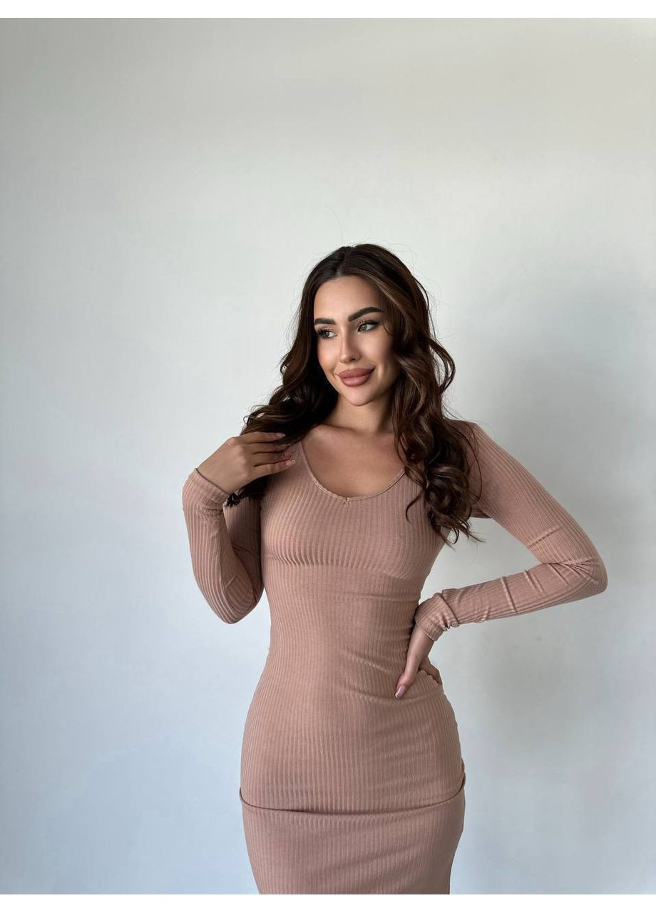 Бежевое праздничный платье из ткани рубчик — замеры в описании силуэтная Vione однотонное