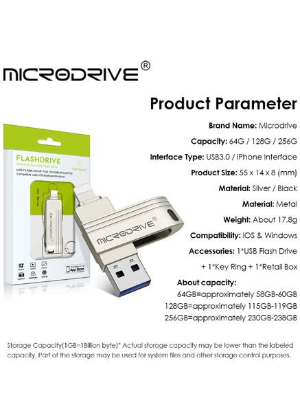 Флешка металева 2в1 512ГБ USB-Lightning для Apple iPhone, iPad, комп'ютера A1 512GB OTG Чорний Microdrive (336381375)