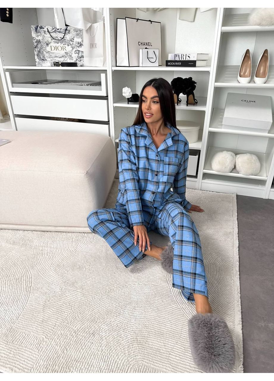 Темно-голубая всесезон женская пижама в клетку рубашка + брюки FINO Mode