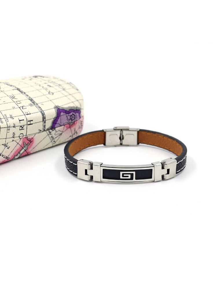 Шкіряний чоловічий браслет «Greece» з металевою вставкою (чорний) China (367623382)