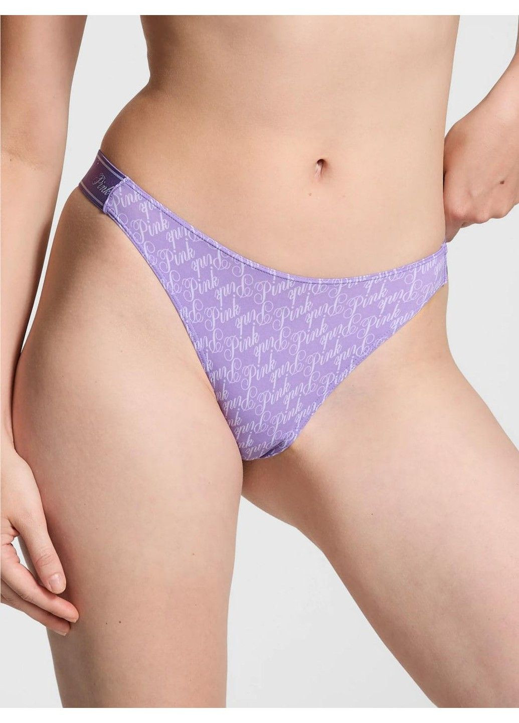 Трусики-стринги женские эластичные PINK Logo Cotton High-Leg Thong сиреневые L Victoria's Secret (316659379)