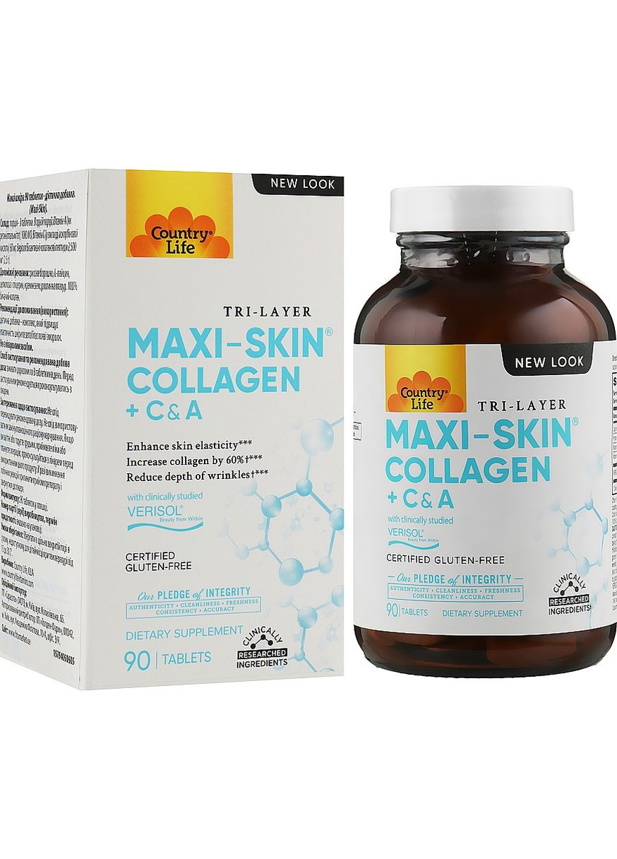 Колаген + вітаміни для обличчя С&А Maxi-Skin 90шт (620327-31338370) Country Life (368602536)