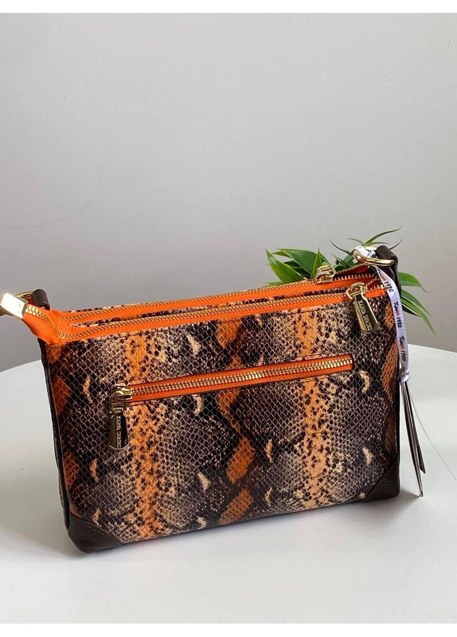 Яскрава жіноча крос-боді Туреччина помаранчева з шоколадом, натуральна шкіра рептилія, три відділи, ремінь в комплекті Karya (361147665)