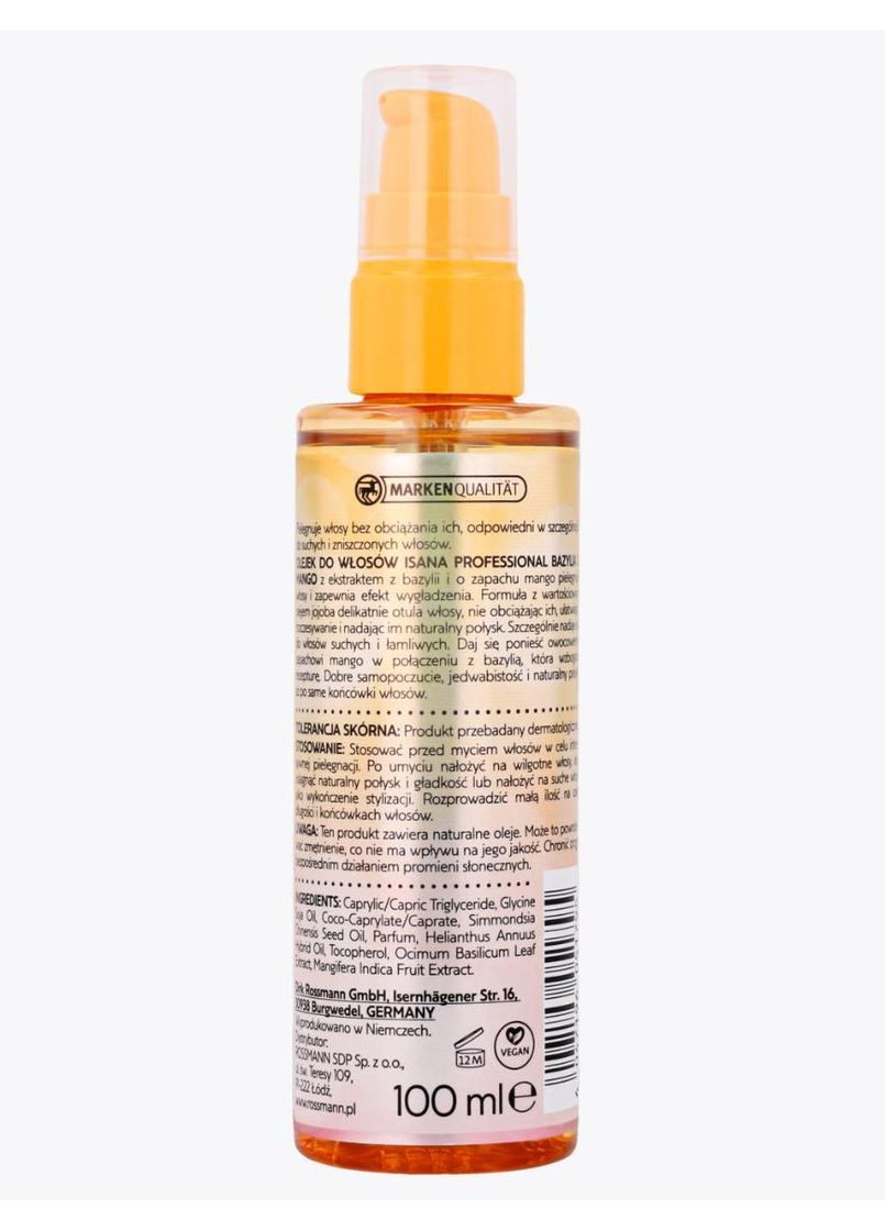 Олія для волосся з манго та базиліком professional Haaröl Bazylia i Mango100мл Isana (366569677)