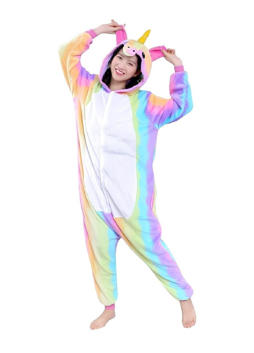 Кігурумі костюм піжама жіночий махровий застібається на кнопках з капюшоном вухами (478516-Prob) Райдужний єдиноріг розмір ХL Unbranded (305843426)