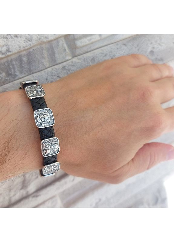 Браслет православный с ликами святых из серебра и кожи No Brand (365280587)