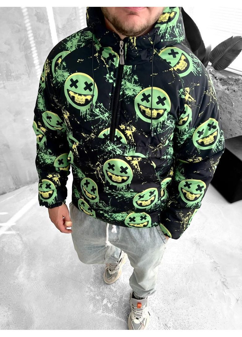 Комбінована демісезонна чорний принтований утеплений анорак з капюшоном No Brand