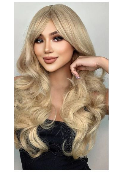 Парик блондинки с челкой волнистый, длинный парик термо блонд No Brand (355802280)