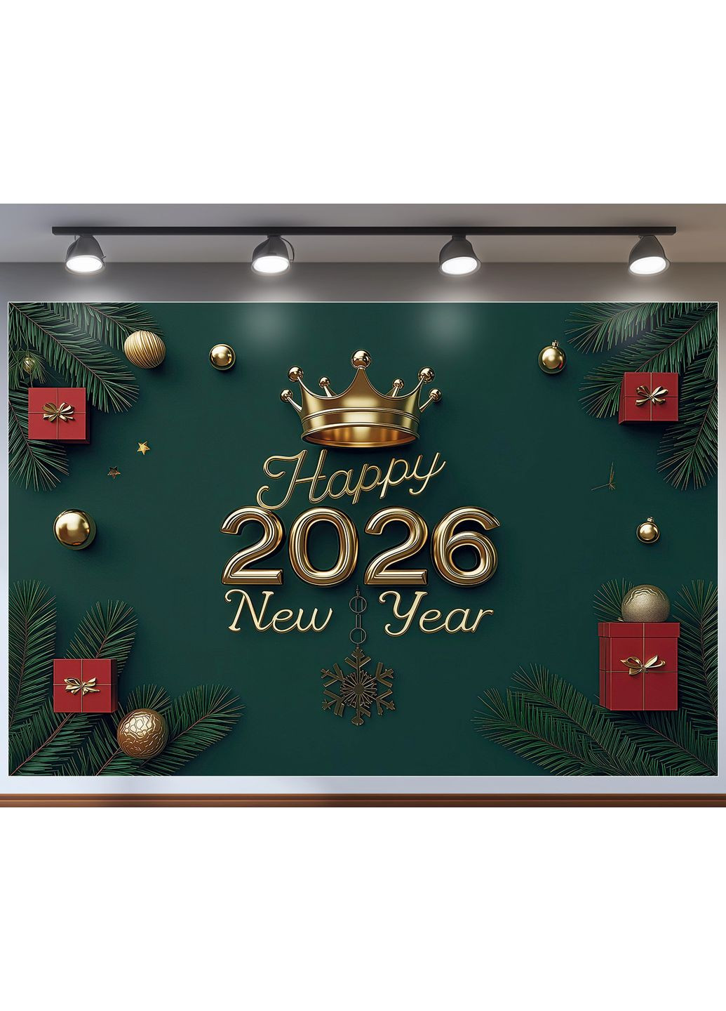 Банер Happy New Year 2026 Темно-зелений з короною і подарунками – №46532 Vinylpex (369930251)