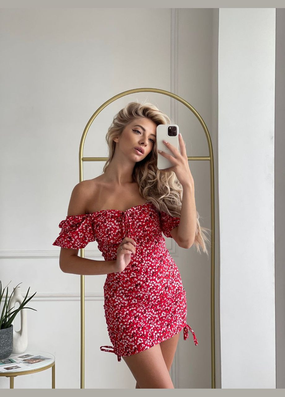 Червона повсякденний, кежуал, джинсова сукня жіноча з відкритими плечима Україна з квітковим принтом