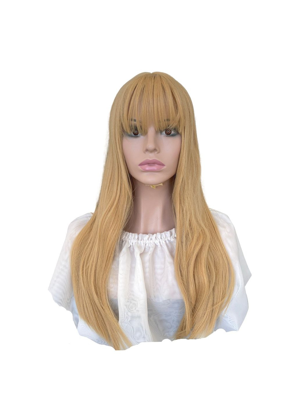 Перука довга пряма блонд із проділом і чубчиком жіноча із термоволокна блондинка 60 см No Brand 7532 (298935719)