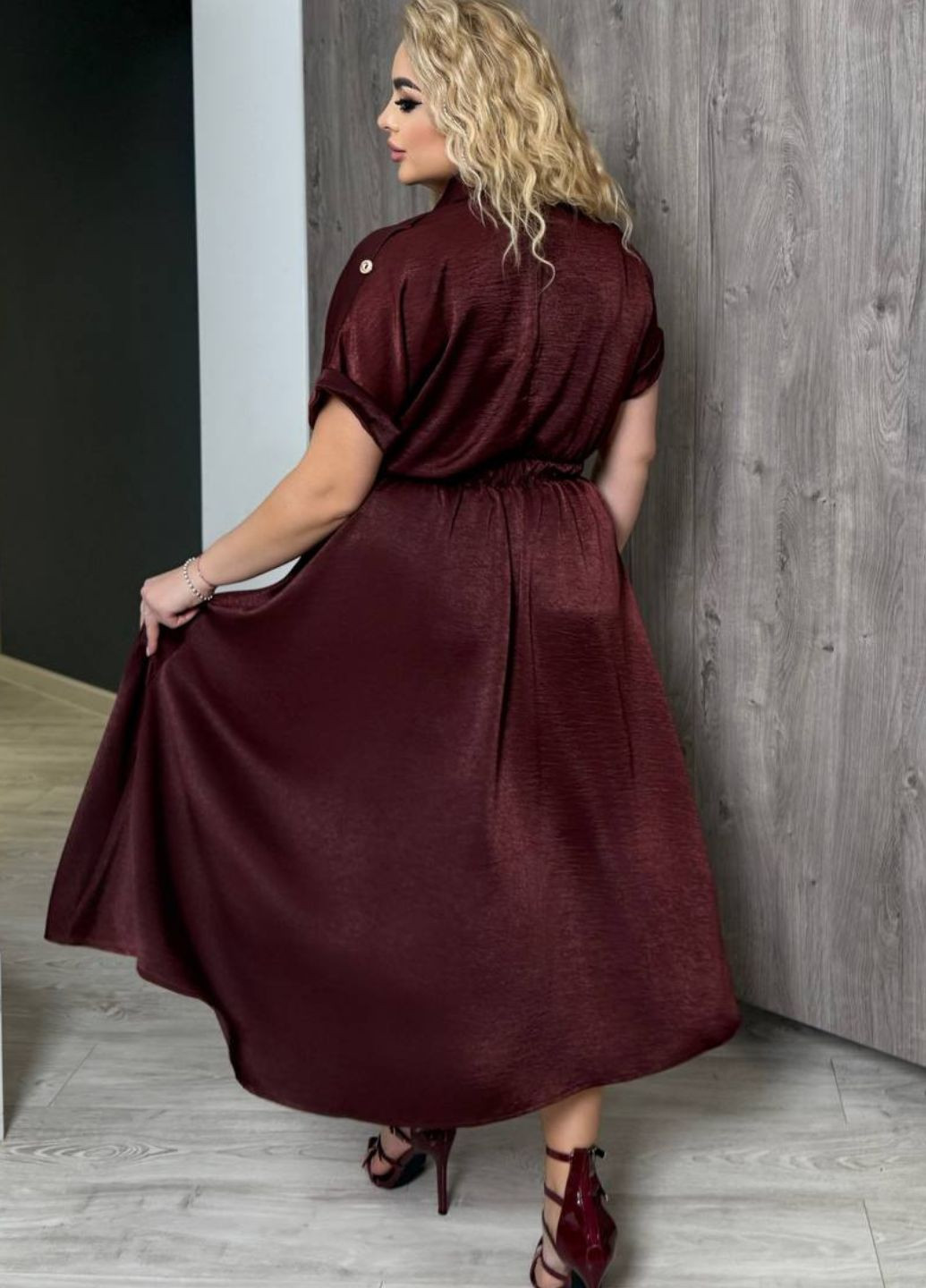 Бордовое повседневный удлиненное платье-клеш с резинкой на талии клеш Україна однотонное