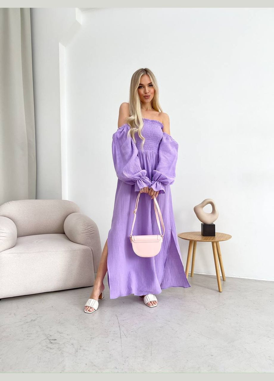Сиреневое повседневный, вечернее женское платье макси с разрезом с открытыми плечами Україна однотонное