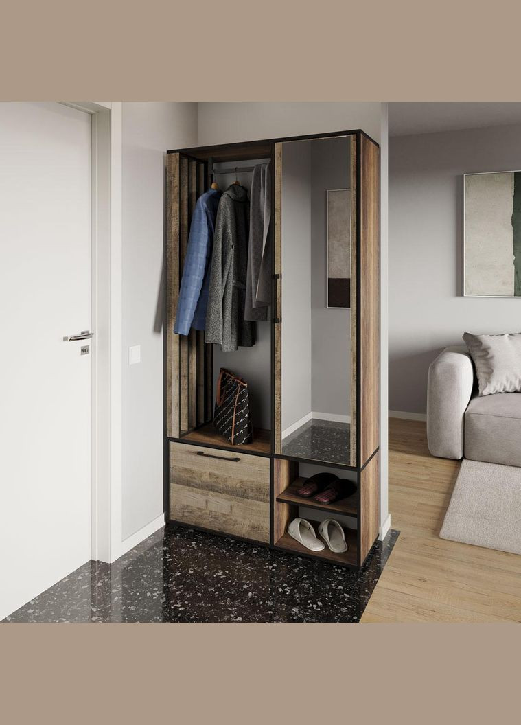 Сучасна прихожа з дзеркалом, дверцятами та штангою для одягу від KO-0003 Дуб Кверкус/Гранж Пісочний MORELI (361035025)
