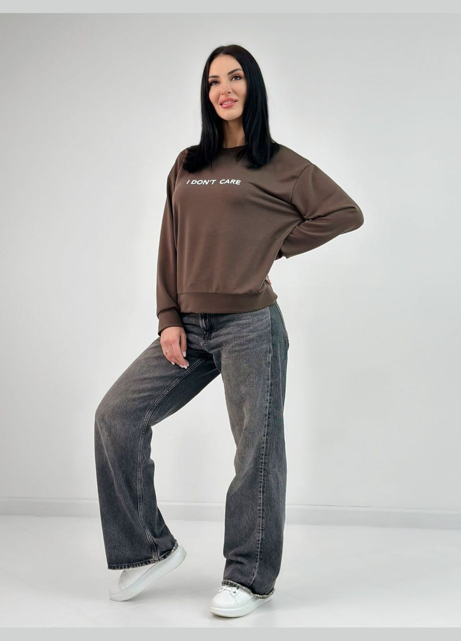 Женский свитшот из двунитки Fashion Girl - Свободный крой однотонный коричневый кэжуал двунитка - (290670081)