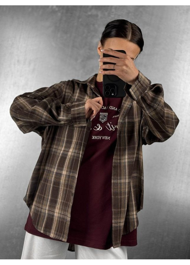 Коричневая спортивная, повседневный, джинсовая, кэжуал рубашка в клетку No Brand