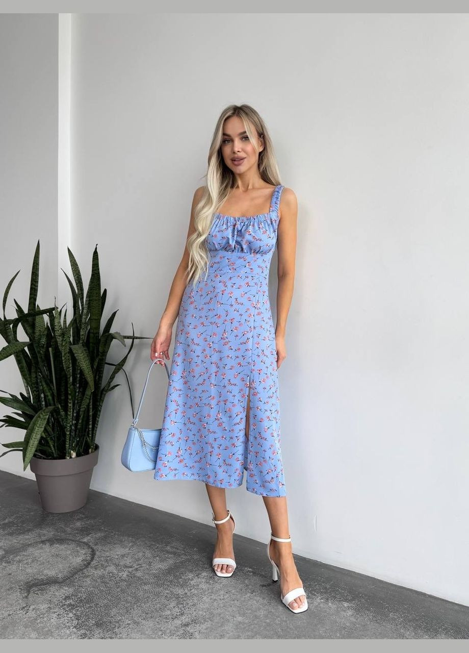 Блакитна жіноче літня сукня в квітку блакитного кольору 33497 а-силует Fashion з квітковим принтом