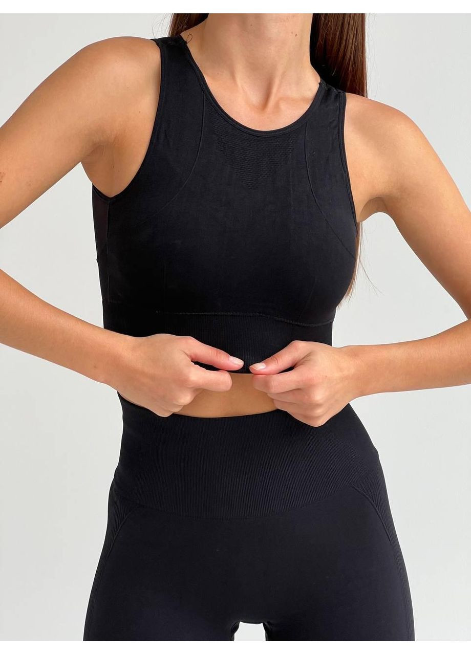Женский фитнес-топ бесшовный / Спортивный черный эластичный / Женский топ для тренировок черного цвета No Brand (370204802)