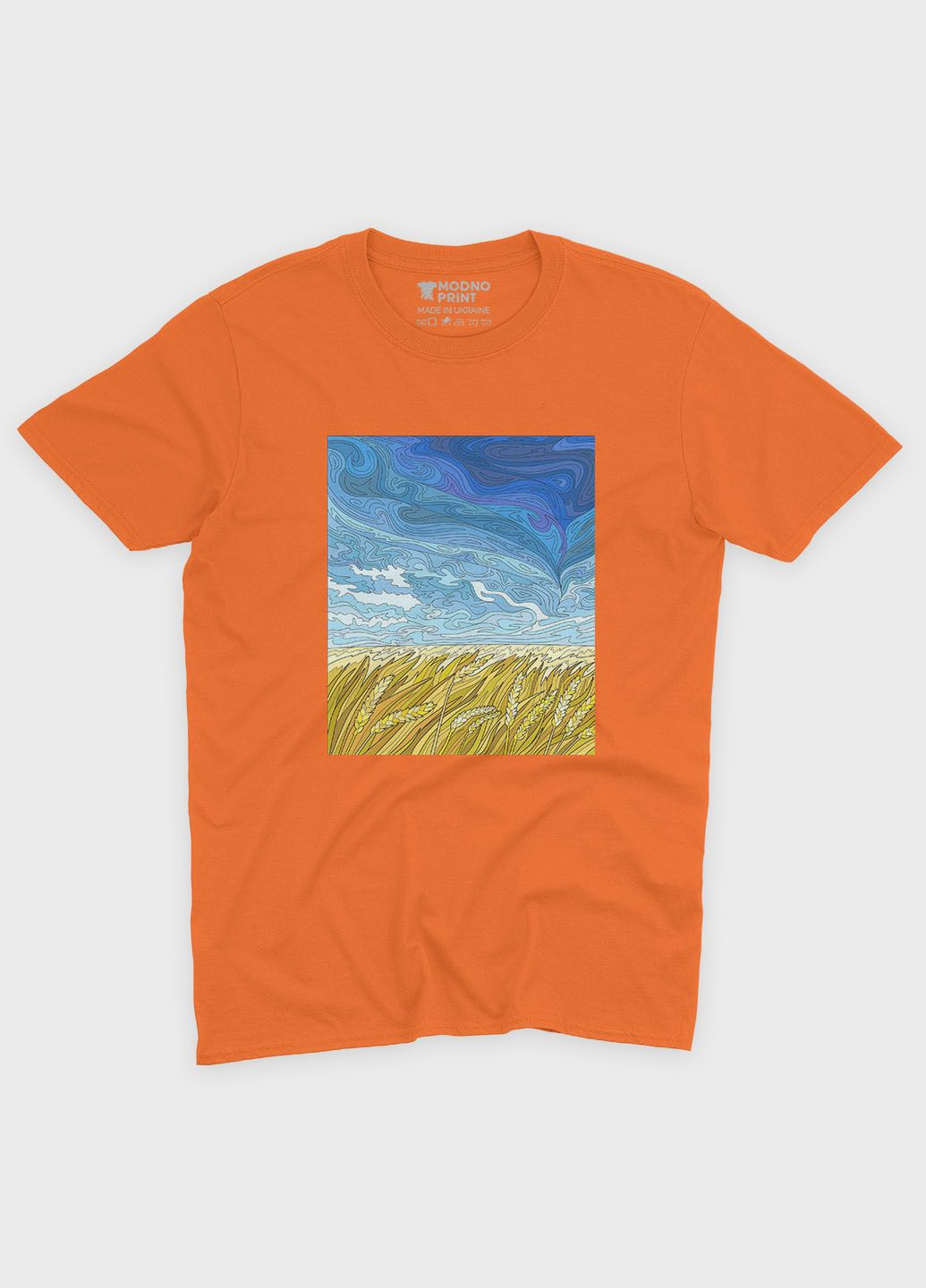 Оранжевая мужская футболка с патриотическим принтом поле (ts001-4-ora-005-1-108) Modno