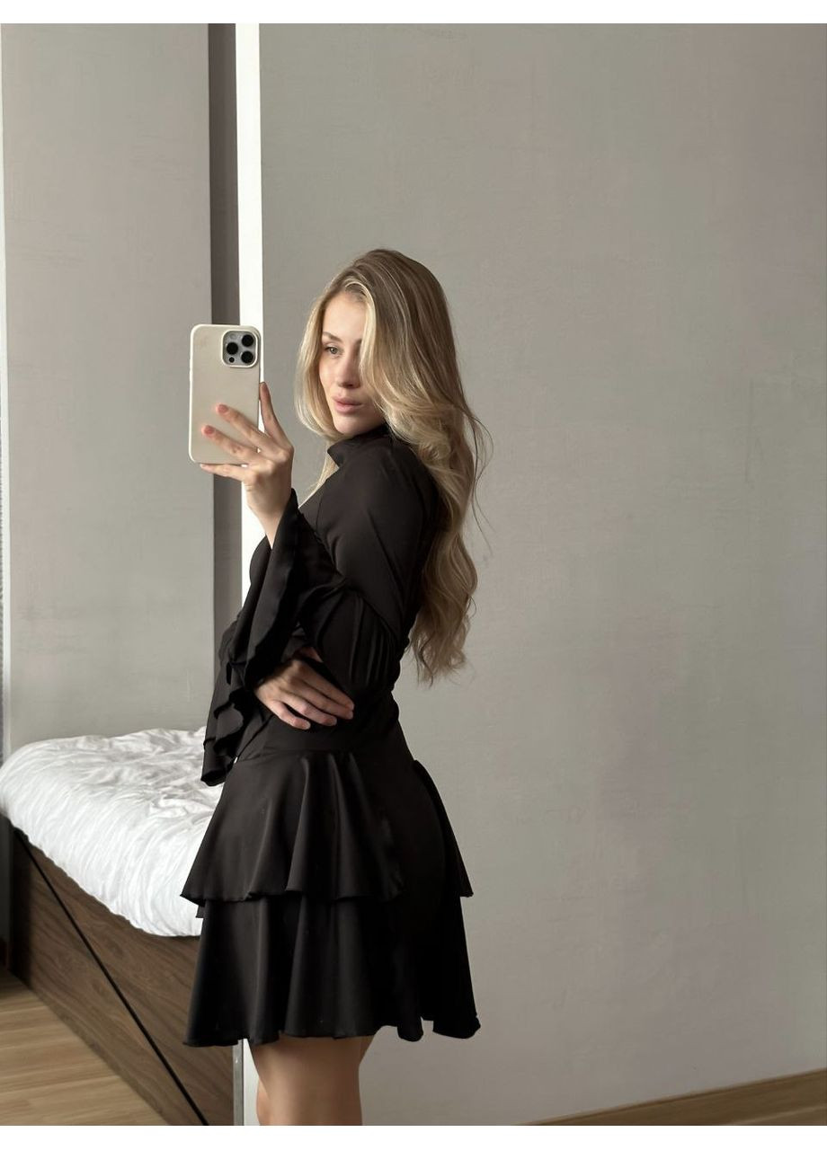 Черное вечернее платье из микродайвинга с воланами и подплечниками • стильное и эффектное • замеры в описании GD/GL Модний простір однотонное