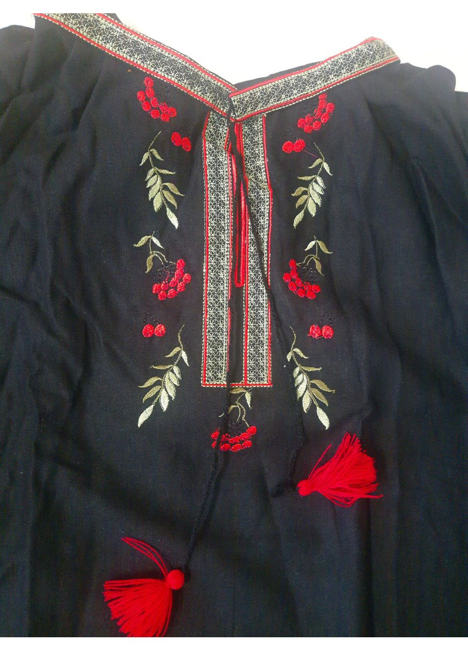 Чёрная женская рубашка вышиванка лен черная с поясом калина большие размеры 46 48 50 52 (365270666)