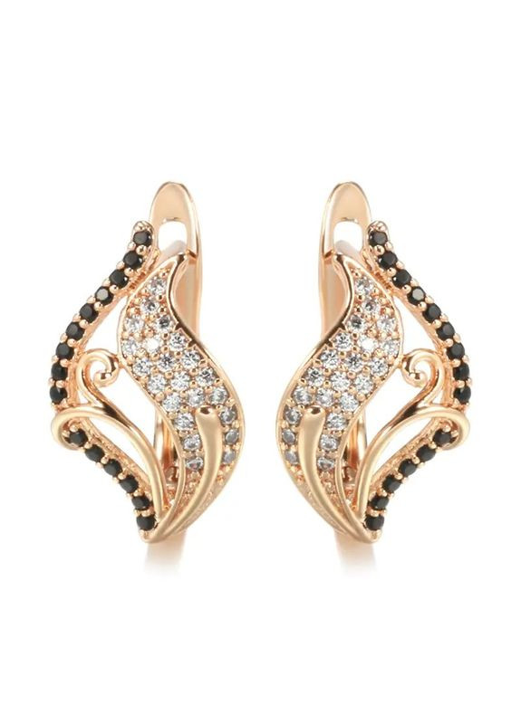 Серьги золотистые лист с черным камнем розово-золотистые 1.9 см AurumLux027 Liresmina Jewelry (358074752)