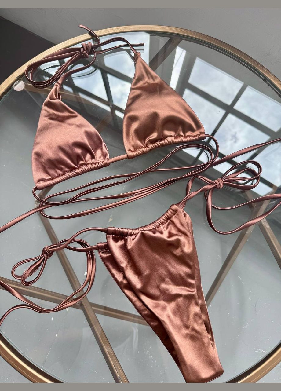 Коричневый летний женский раздельный купальник с завязками вокруг талии атласный metallic коричневый No Brand