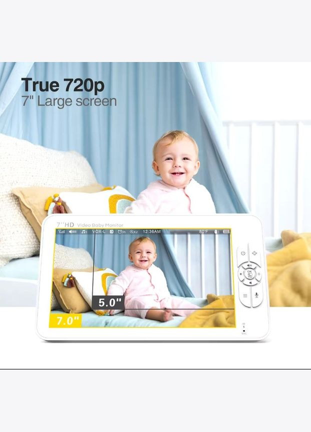 Рідіоняня Baby Monitor з 7-дюймовим ЖК-монітором/акумулятор 4000 mah/355 град/поворотна та вимірюванням температури () OnePro SM-70PTZ (318307614)