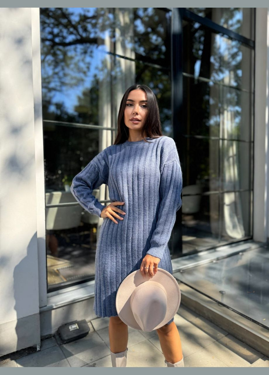 Синее вязаное полушерстяное платье Fashion