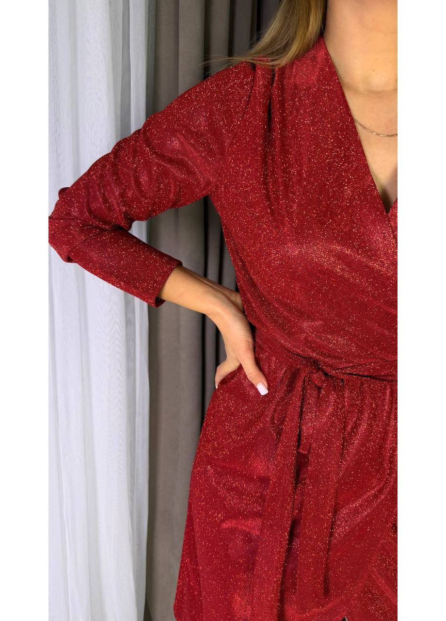 Червона святковий, карнавальний, коктейльна, вечірня елегантна сукня з люрексового трикотажу на запах Україна