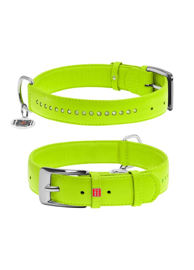 Ошейник для собак кожаный Glamour с QR паспортом, двойной со стразами,, Ш 15 мм, Дл 27-36 см WAUDOG (333706228)