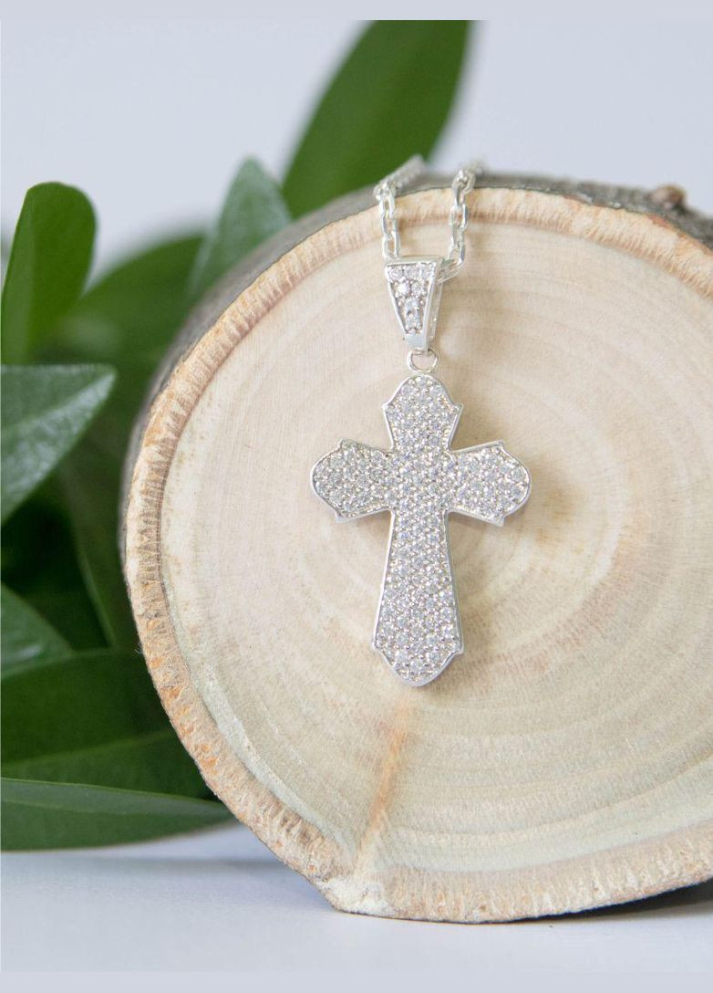 Хрестик срібний з розсипом білих фіанітів Каштан (342334886)