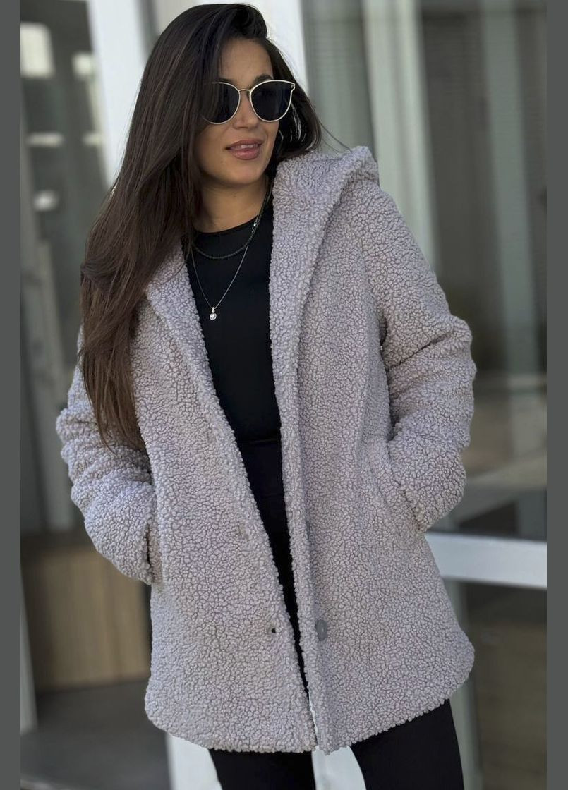 Серая демисезонная пальто тедди женское серого цвета Let's Shop