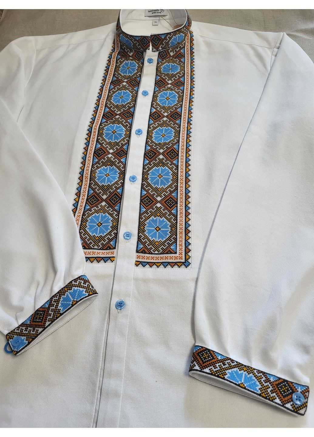 Комбинированная мужская вышитая рубашка ручной работы на домотканом полотне "солнцемир" Hand Made узор украинская символика прямой, свободная хлопок, домотканное полотно (351582152)