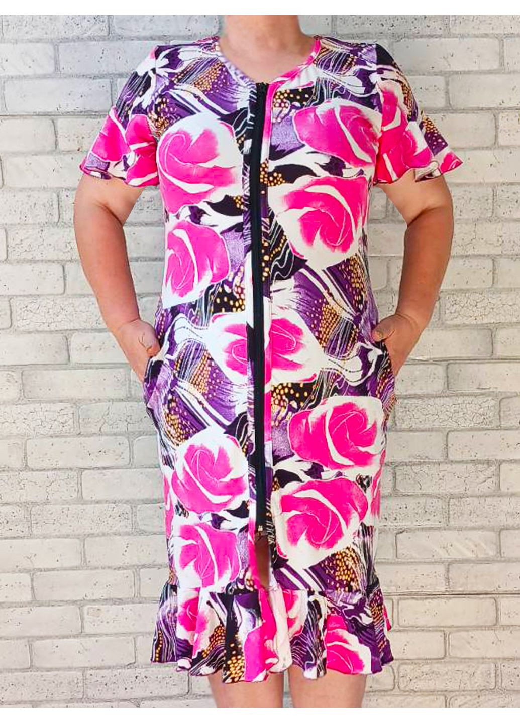 Жіночий халат на блискавці батал рожевий у троянди No Brand (361032062)