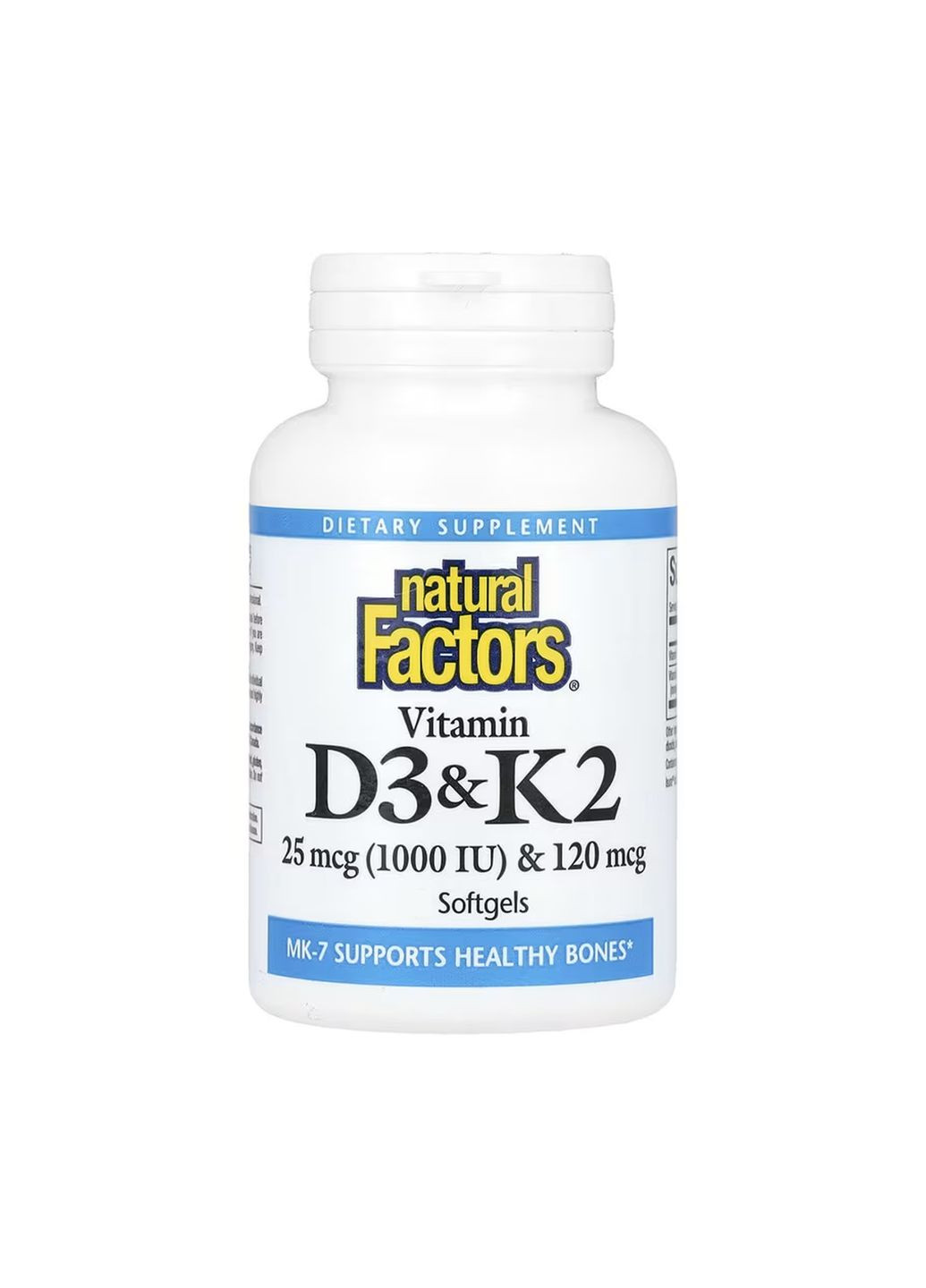 Витамины D3 и K2 120 капсул для здоровья костей и сосудов поддержка костной системы и иммунитета Natural Factors (368989377)