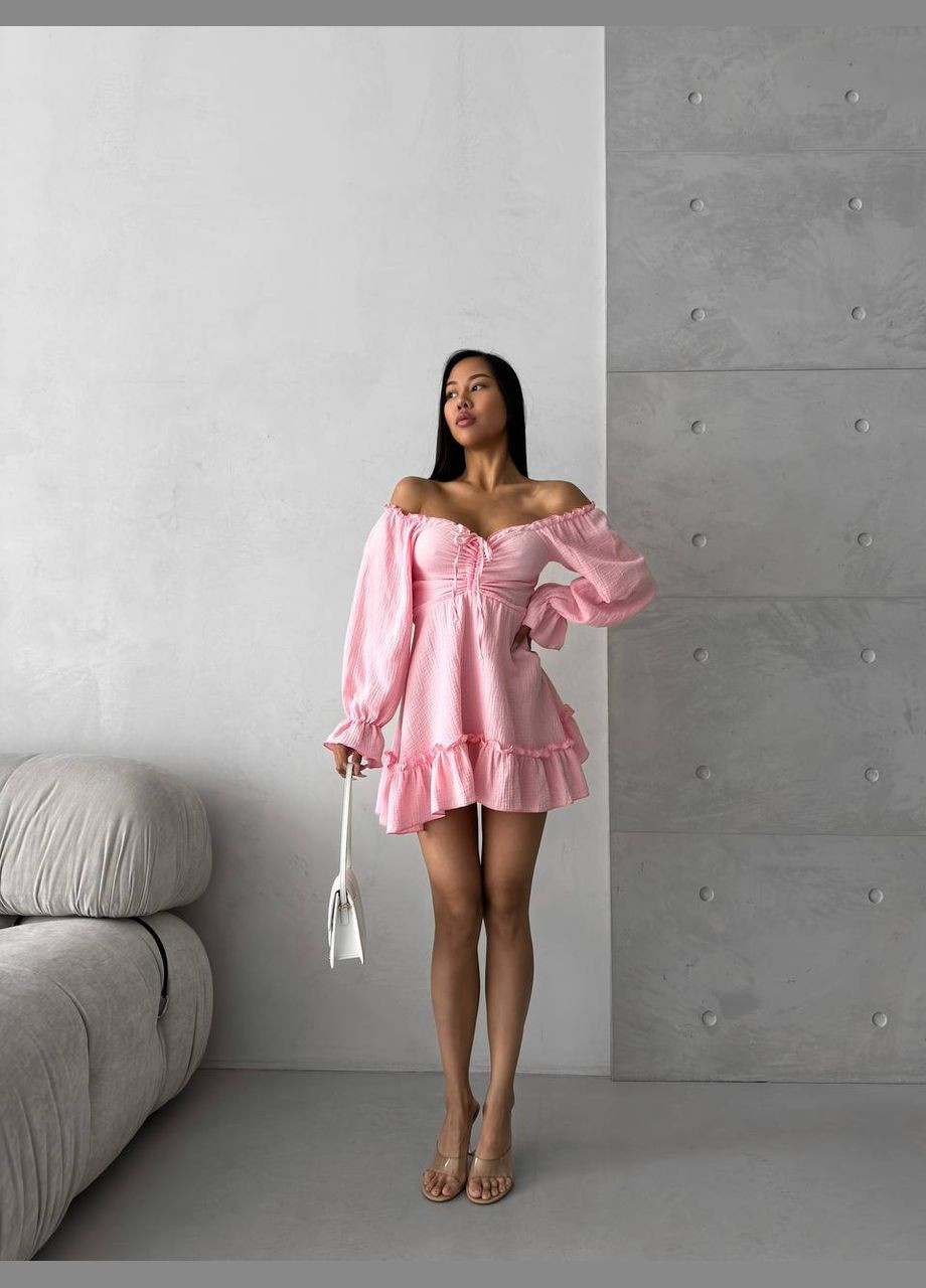 Розовое пляжное, повседневный, кэжуал, коктейльное платье женское из муслина No Brand однотонное