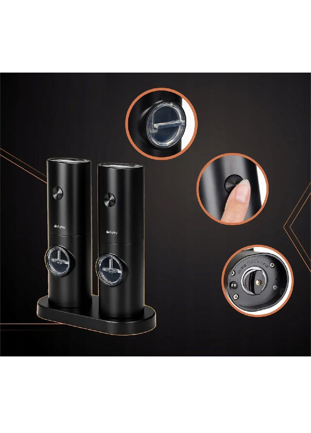 Комплект электрических мельниц с регулировкой помола подсветкой для соли перца 2 штуки 18x5,5x4,5 см (481420-Prob) Черный Unbranded (361847917)