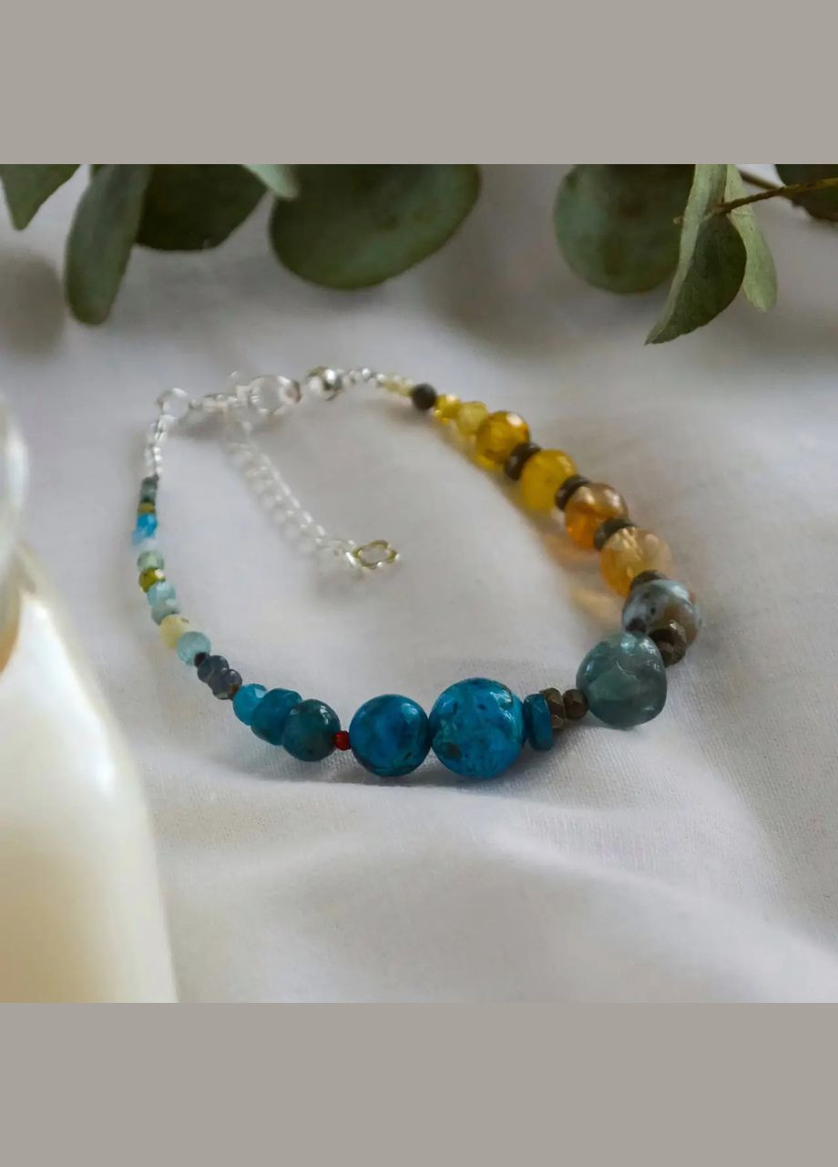 Браслет натур Хризоколла, Ларимар, Цитрин, Азурит, фур-ра гип-ный сплав цвет серебро d-10-2мм+- L-19-24см No Brand браслет (300781145)