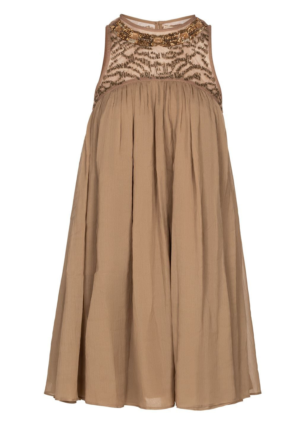 Коричневое праздничный, повседневный, кэжуал, коктейльное легкое шифоновое платье мини а-силуэт, клеш, бэби долл, с юбкой-солнце, с пышной юбкой, плиссированное Moulinette Soeurs однотонное