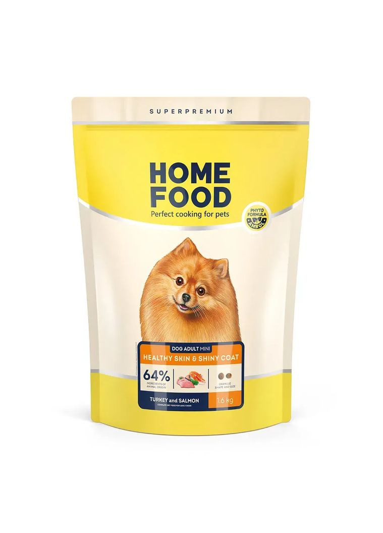 Сухой корм здоровая кожа и блестящая шерсть» для взрослых собак мелких пород с индейкой и лососем, 1.6 кг Home Food (369123463)