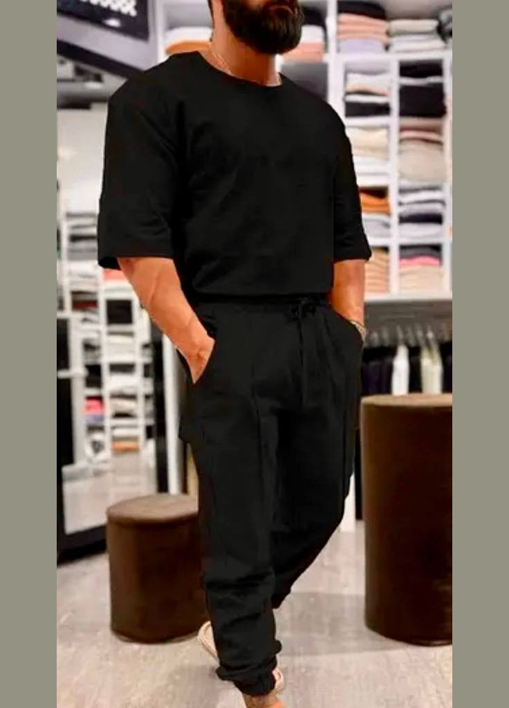 Черный демисезонный мужской костюм футболка+штаны брючный Style Point