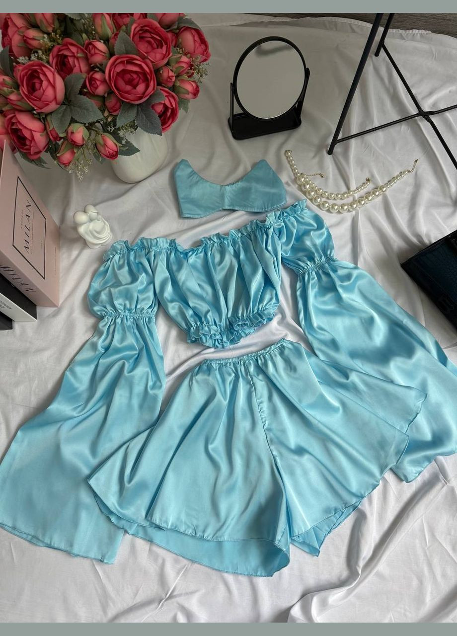 Блакитна всесезон жіноча шовкова піжама 3 в 1 топ + шорти Avanti