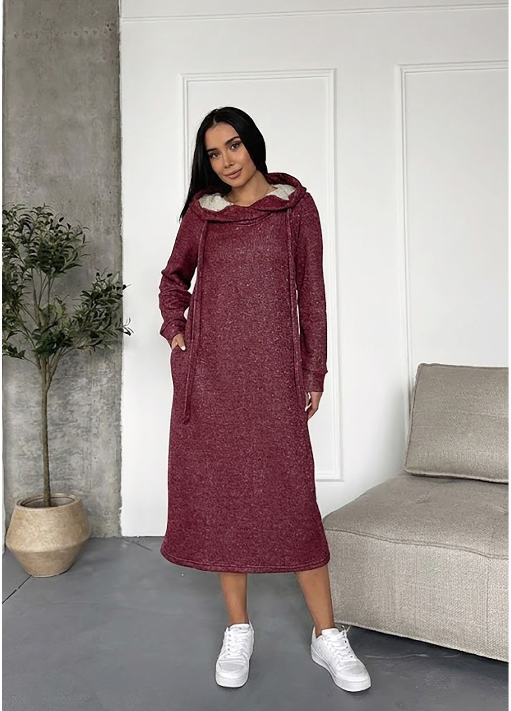 Бордова спортивна, повсякденний, джинсова, кежуал плаття-худі міді з турецької тринитки з люрексом і начосом сукня-худі INNOE меланжева