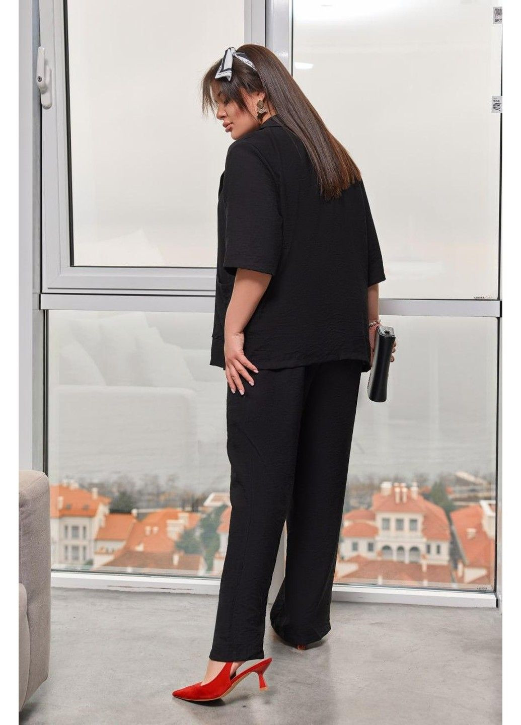 Костюм діловий, двійка, з жакетом о має короткий рукав, вільний крій мод БЛЗ-493, чорний, розмір 60-62 No Brand (355469686)