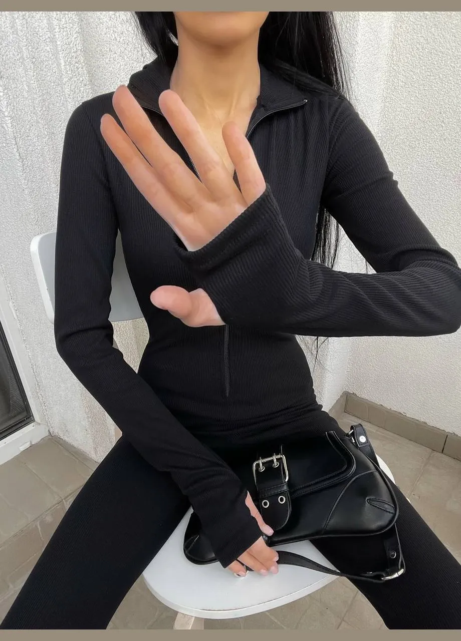Комбінезон з блискавкою br2352 Vital-Textile комбінезон-брюки однотонний чорний спортивний, домашній, повсякденний поліамід, еластан