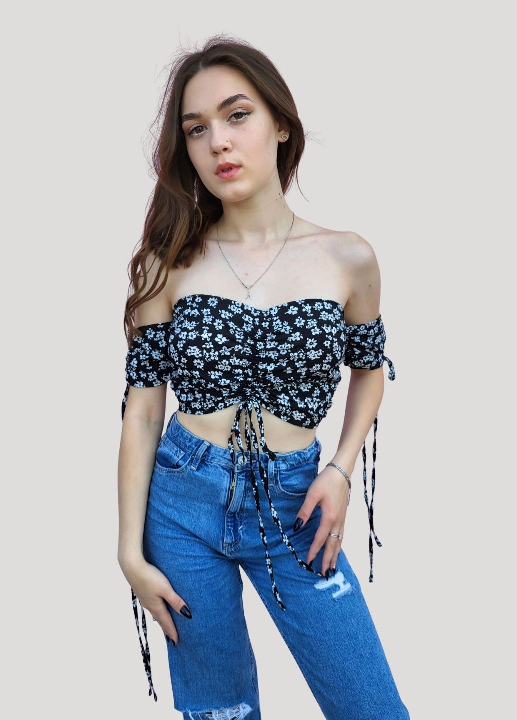 Топ жіночий у дрібні квіточки з відкритими плечима SHEIN (362357776)