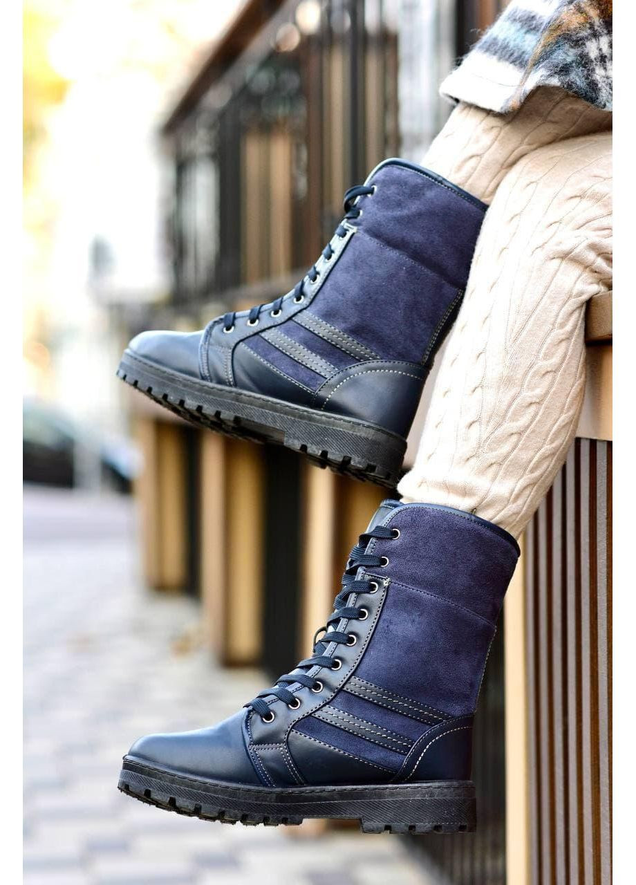 Зимние ботинки женские зимние синие на шнуровке челси No Brand с аппликацией, без декора из искусственной замши, из искусственной кожи