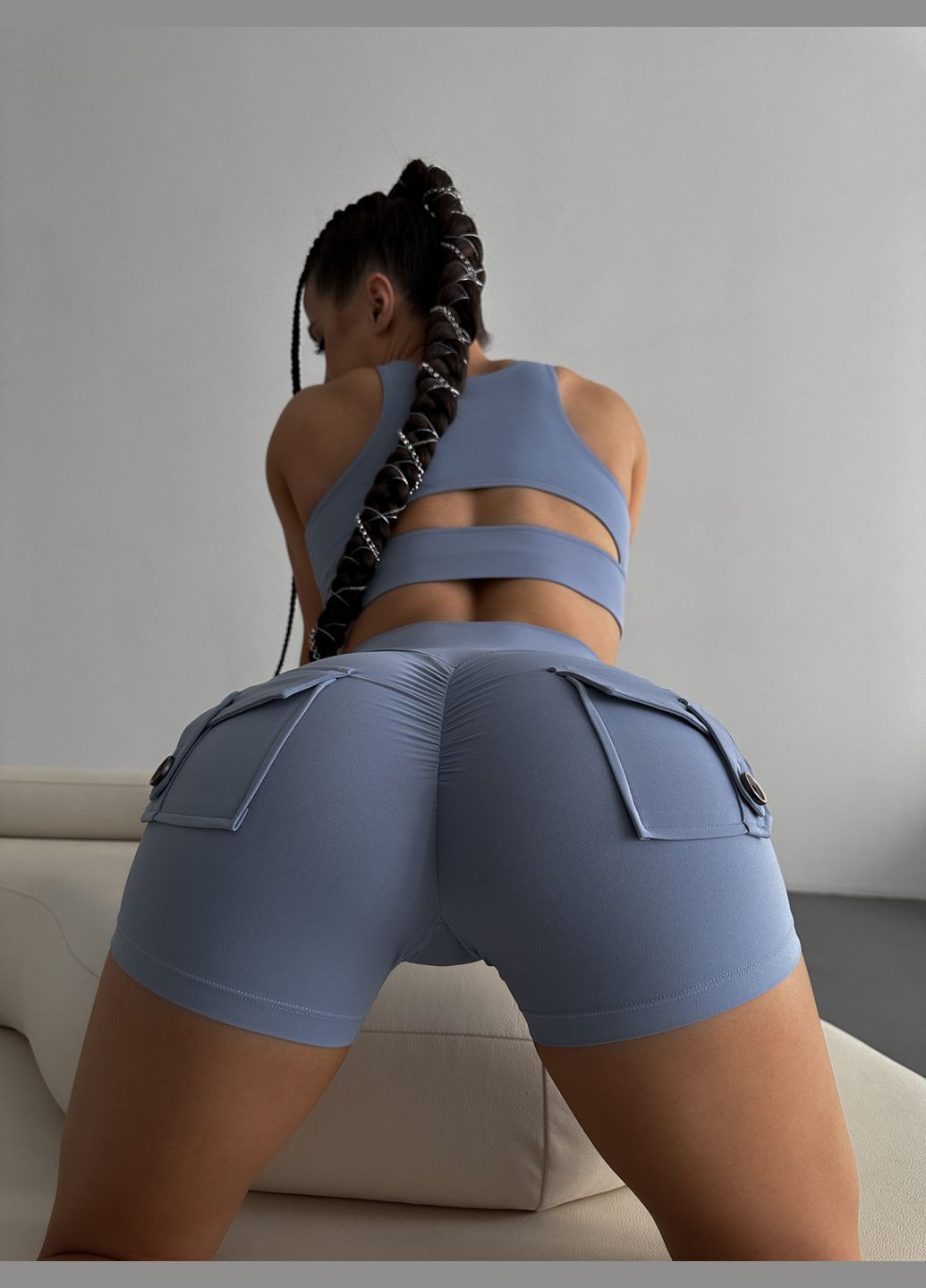 Спортивные женские шорты с карманами PUSH UP для фитнеса и pole dance Голубые Pocket Короткі шорти з кишенями та пуш-ап ефектом (317046267)